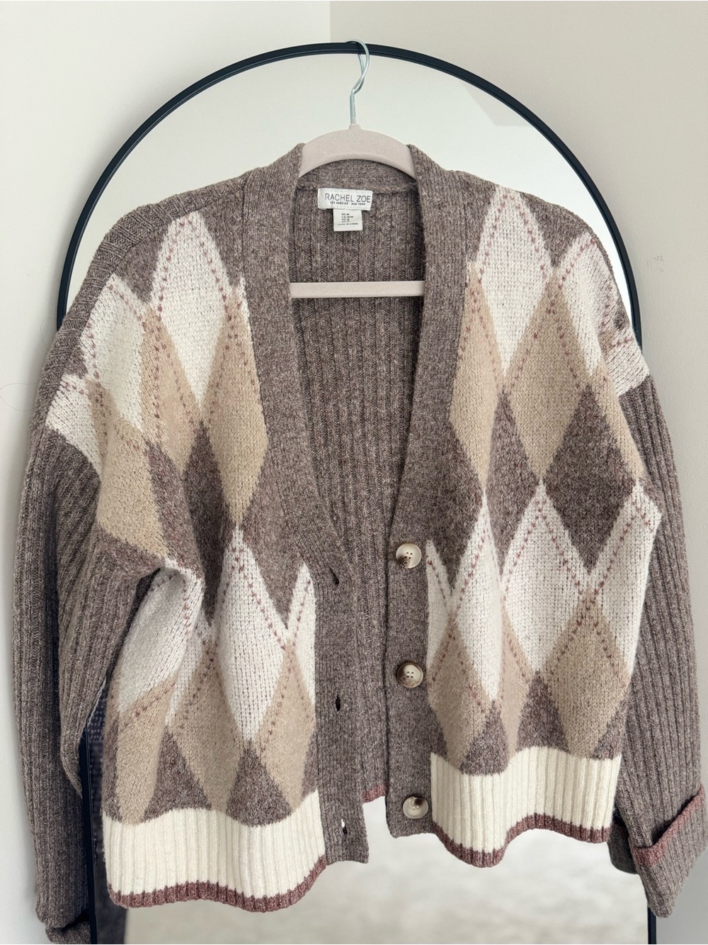 Rachel Zoe Taupe, Cream &‎ Beige Argyle Knit Cardigan - Picture 4 of 10